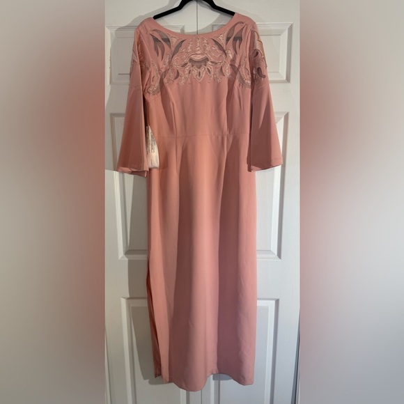 JS Collections Embellished Boat Neck 3/4 Flare Sleeve Solid Stretch Crepe Dress - Picture 4 of 7